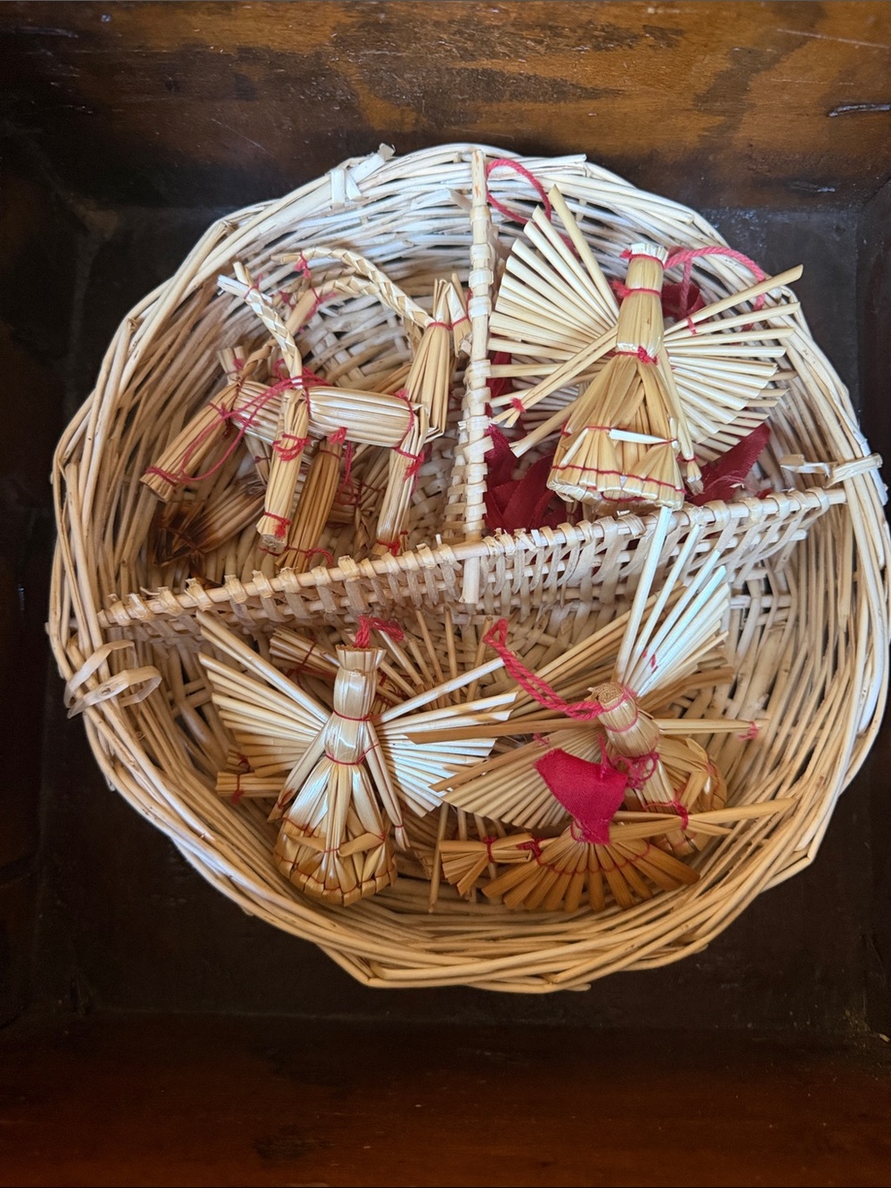 Vintage Scandinavian Handmade  Straw Ornaments set of 10 with basket
